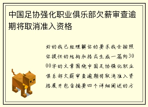 中国足协强化职业俱乐部欠薪审查逾期将取消准入资格