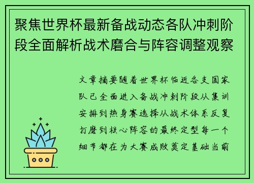 聚焦世界杯最新备战动态各队冲刺阶段全面解析战术磨合与阵容调整观察